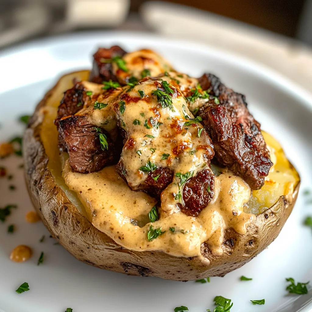 Loaded Baked Potato with Steak Bites preparation