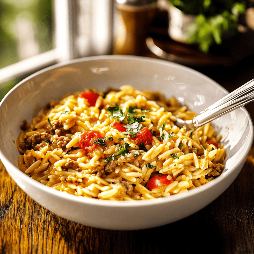 Cajun Dirty Orzo Dish preparation