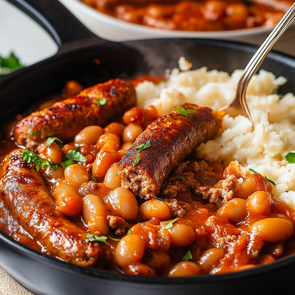 Sausage & Baked Bean Casserole Dish preparation