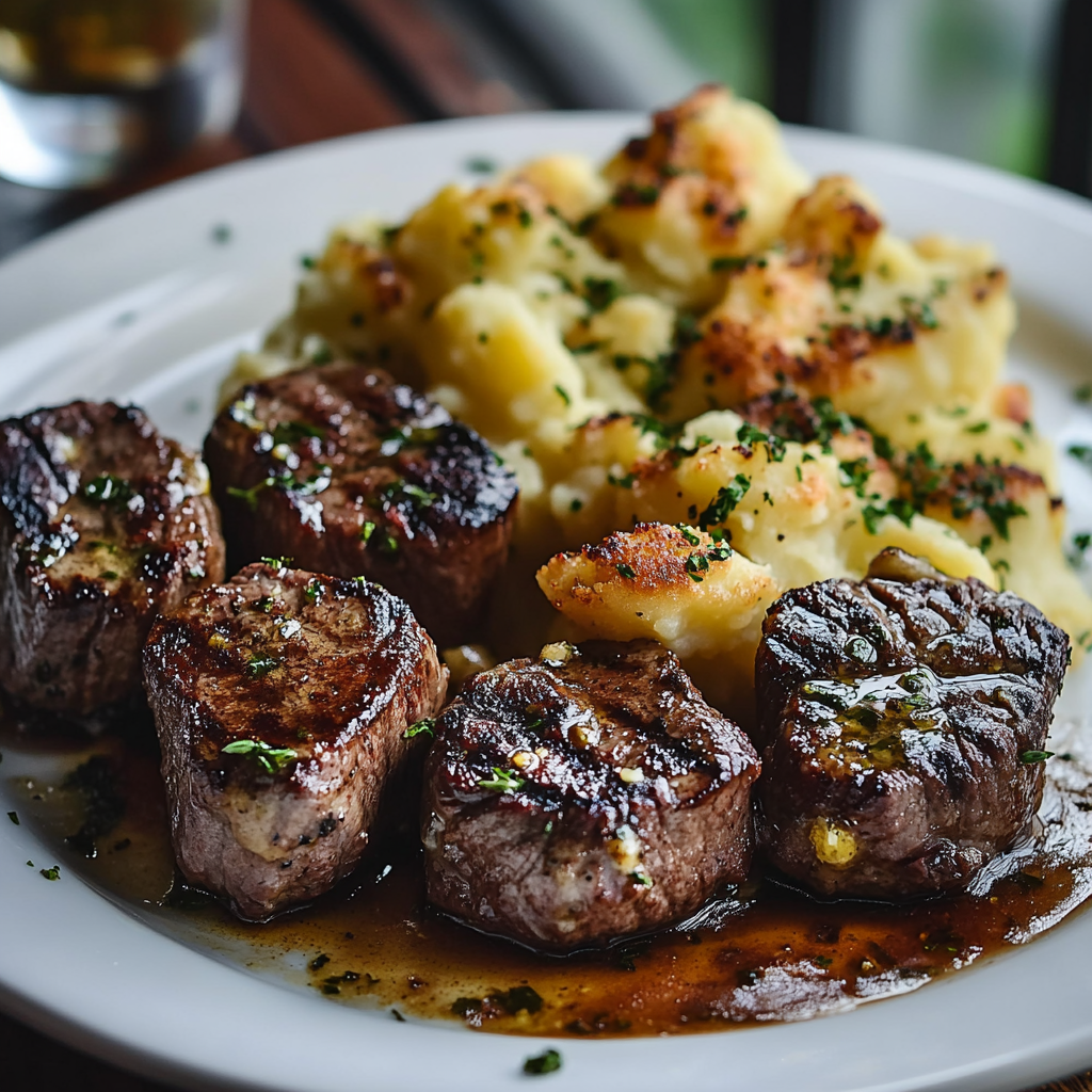 Garlic Butter Steak Bites and Cheesy Smashed Potatoes preparation