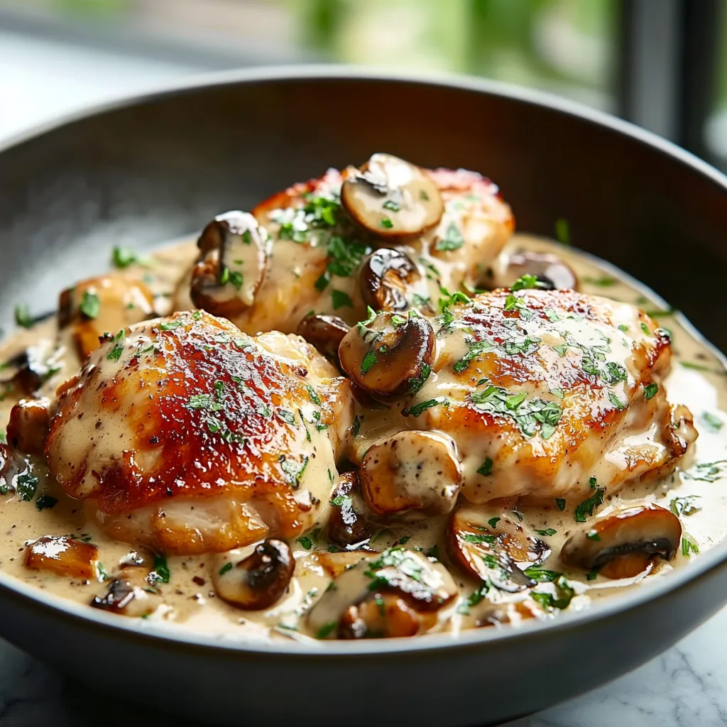 Creamy Mushroom Garlic Sauce on Chicken Thighs Recipe preparation