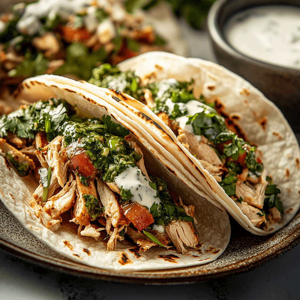 Shredded Chicken Tacos with Chimichurri Sauce preparation