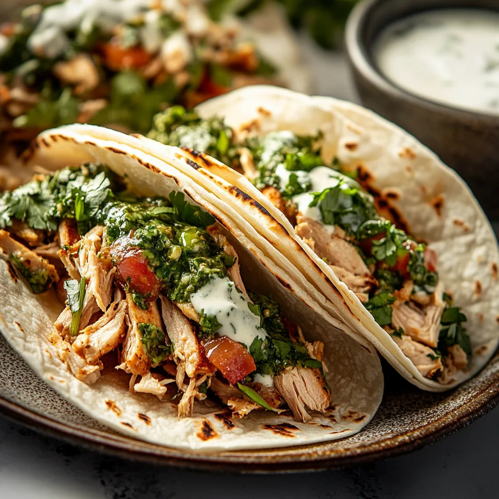 Shredded Chicken Tacos with Chimichurri Sauce preparation