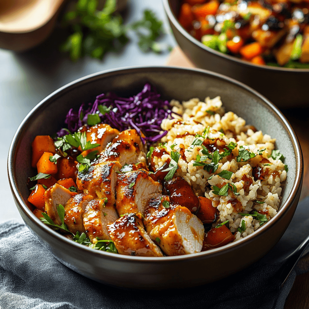 Hot Honey Mustard Chicken Bowls preparation