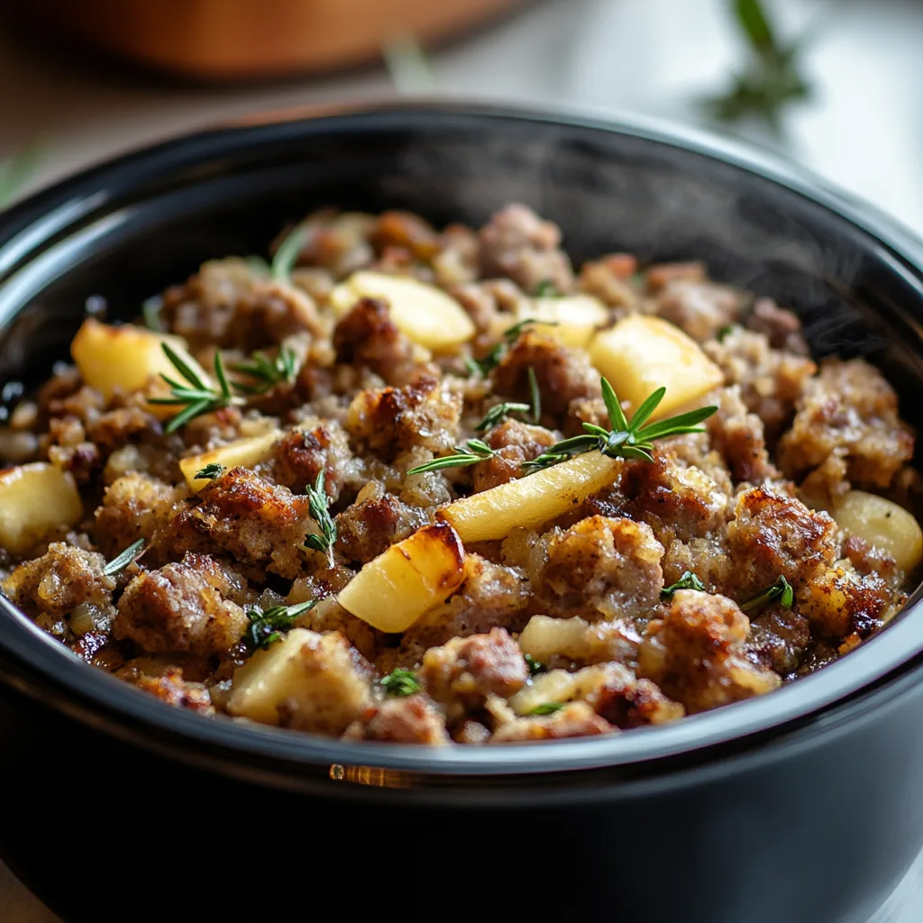 Crockpot Stuffing with Sausage and Apple preparation