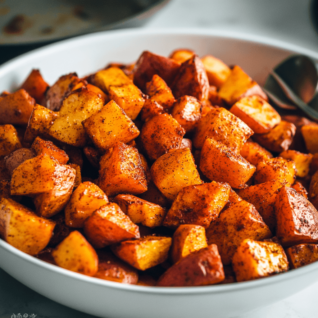 Cinnamon Roasted Sweet Potatoes and Apples Dish preparation