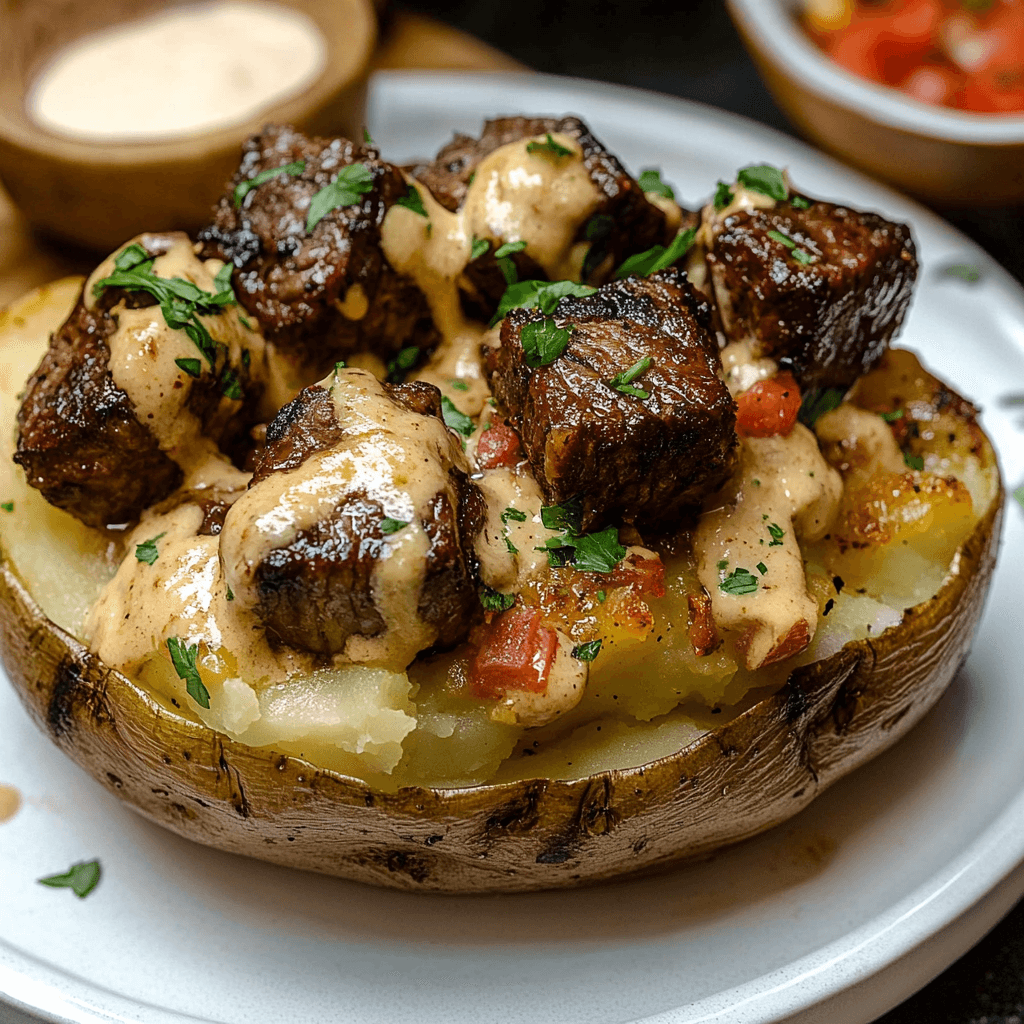 Loaded Baked Potato with Steak Bites and storing