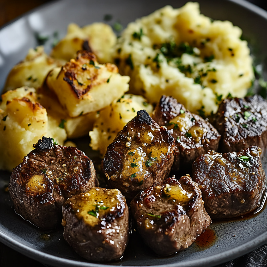 Garlic Butter Steak Bites and Cheesy Smashed Potatoes and tricks