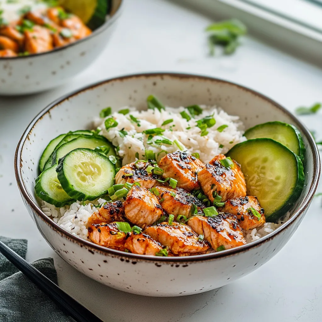 Spicy Salmon Bowl with Coconut Rice and storing
