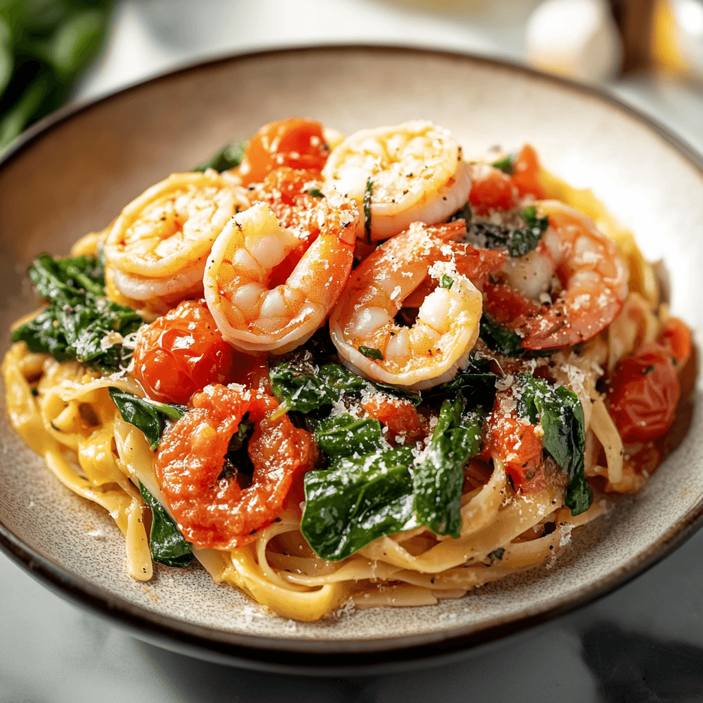 Tomato Spinach Shrimp Pasta Dish and tricks
