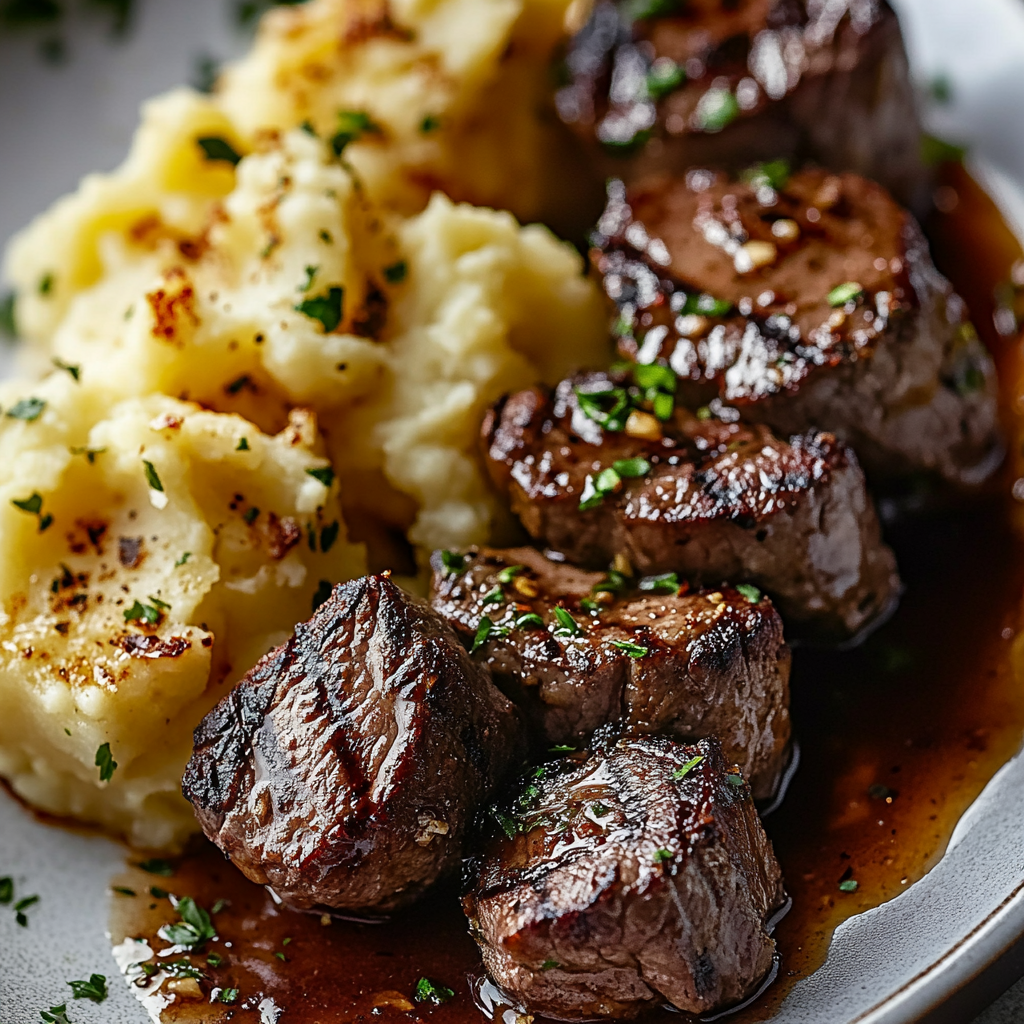 Garlic Butter Steak Bites and Cheesy Smashed Potatoes