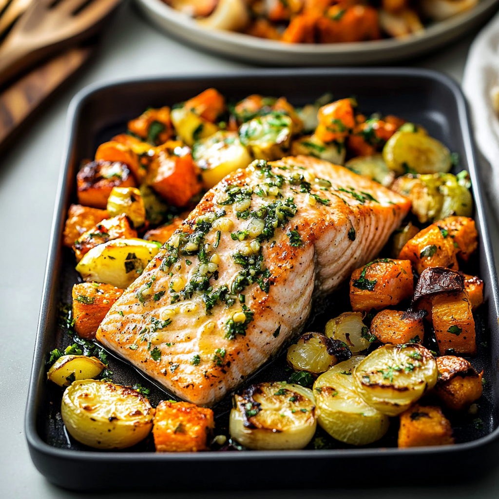 Garlic Butter Salmon Roasted Veggies Recipe